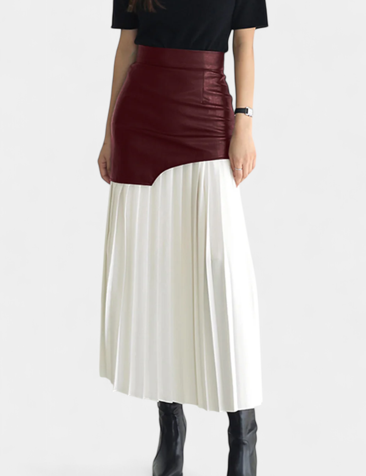 Asymetrická maxi sukně z chiffon a syntetické kůže